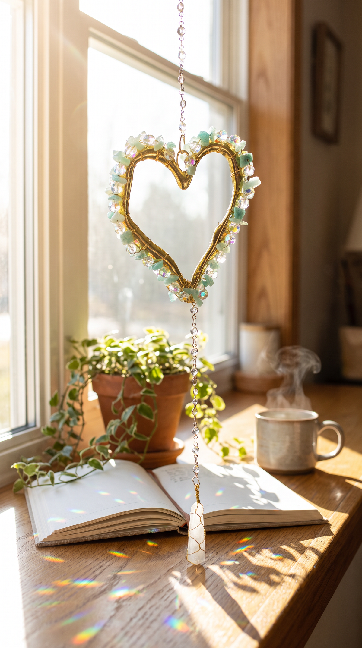Amazonite & Crystal Heart Sun Catcher with Selenite Pendant