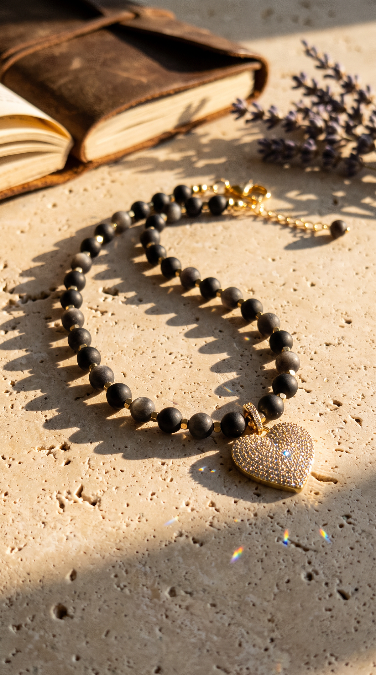 Silver Obsidian & Gold Heart Charm Necklace