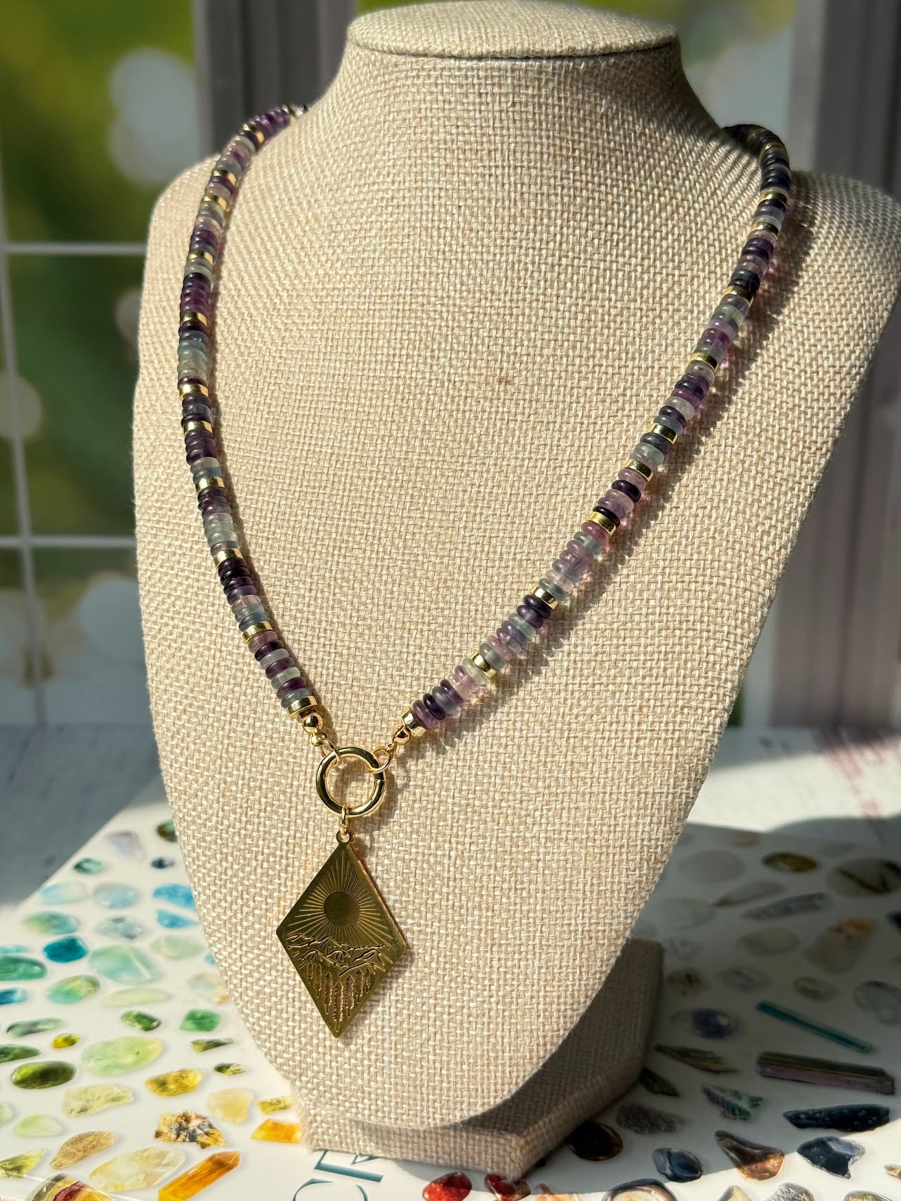 Follow the Light Necklace – Fluorite & Mountain Sunrise Pendant