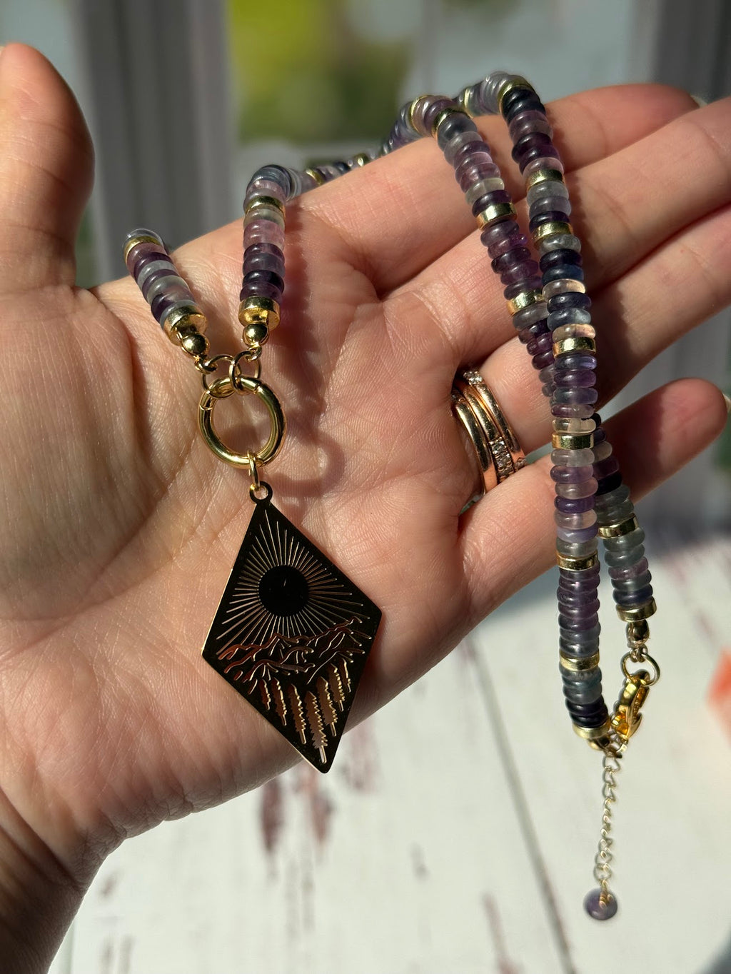 Follow the Light Necklace – Fluorite & Mountain Sunrise Pendant
