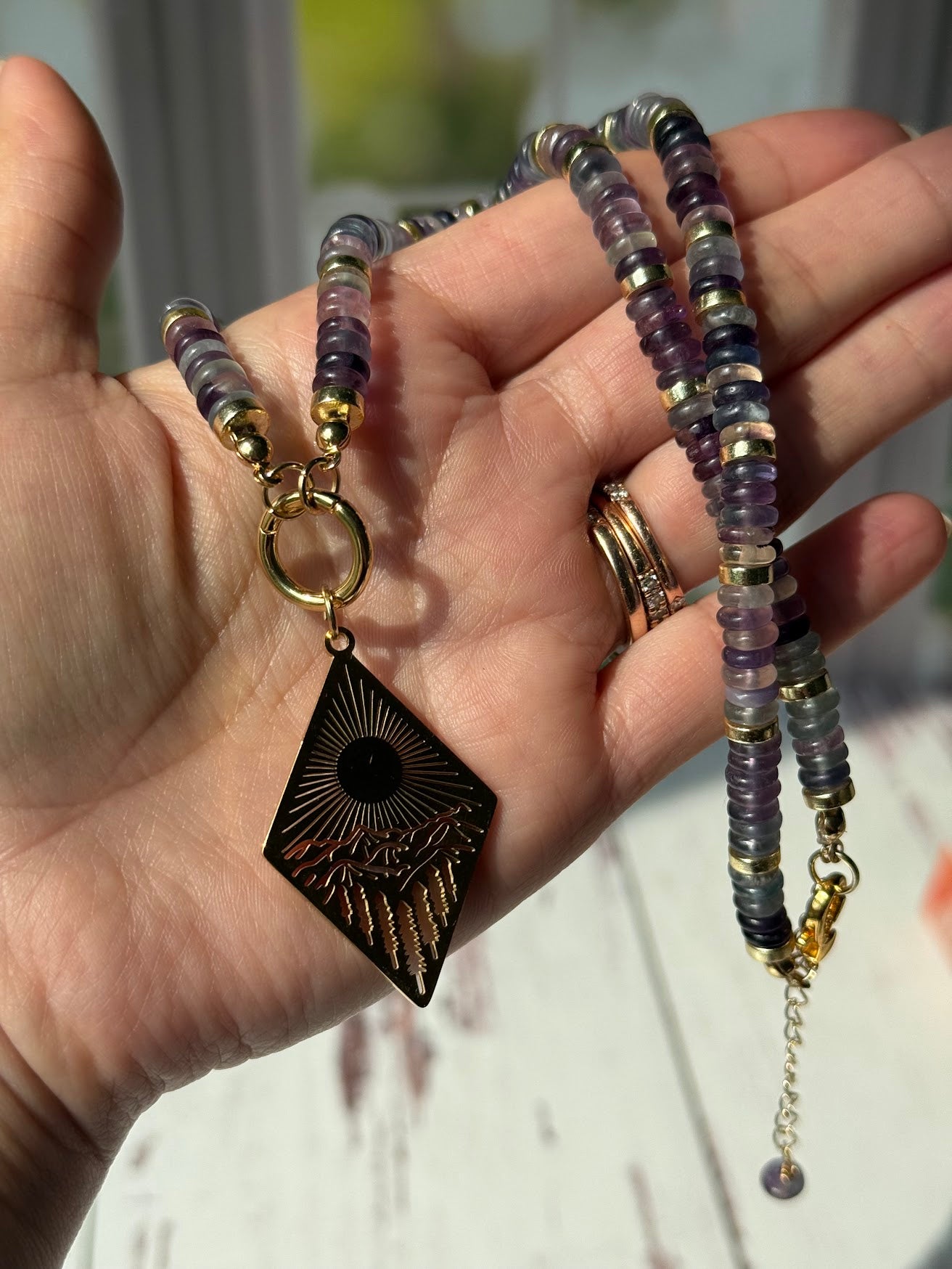 Follow the Light Necklace – Fluorite & Mountain Sunrise Pendant