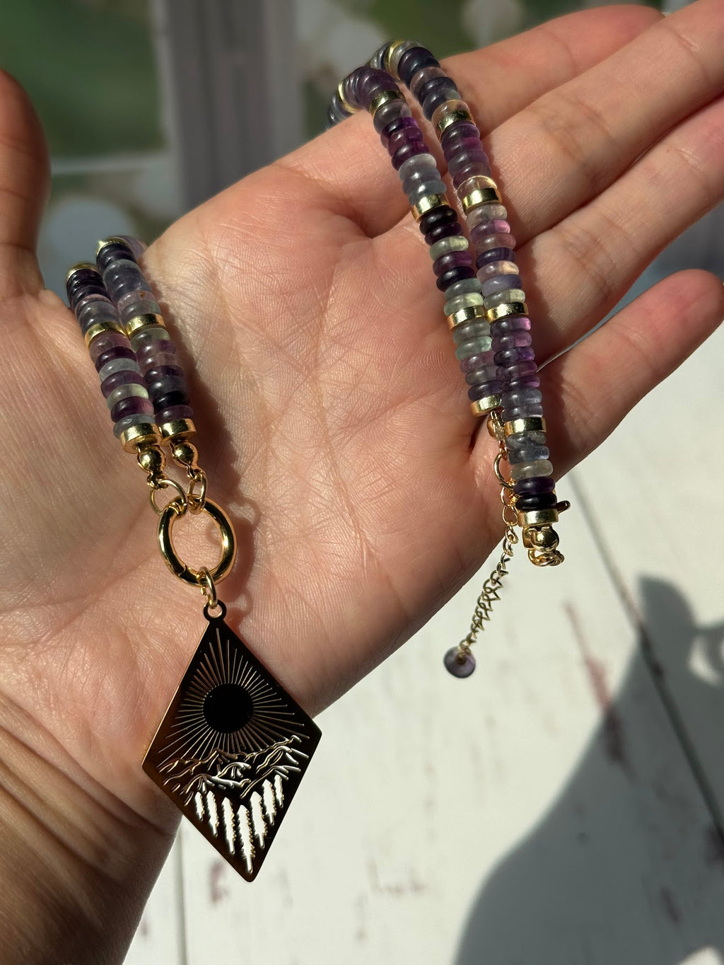 Follow the Light Necklace – Fluorite & Mountain Sunrise Pendant