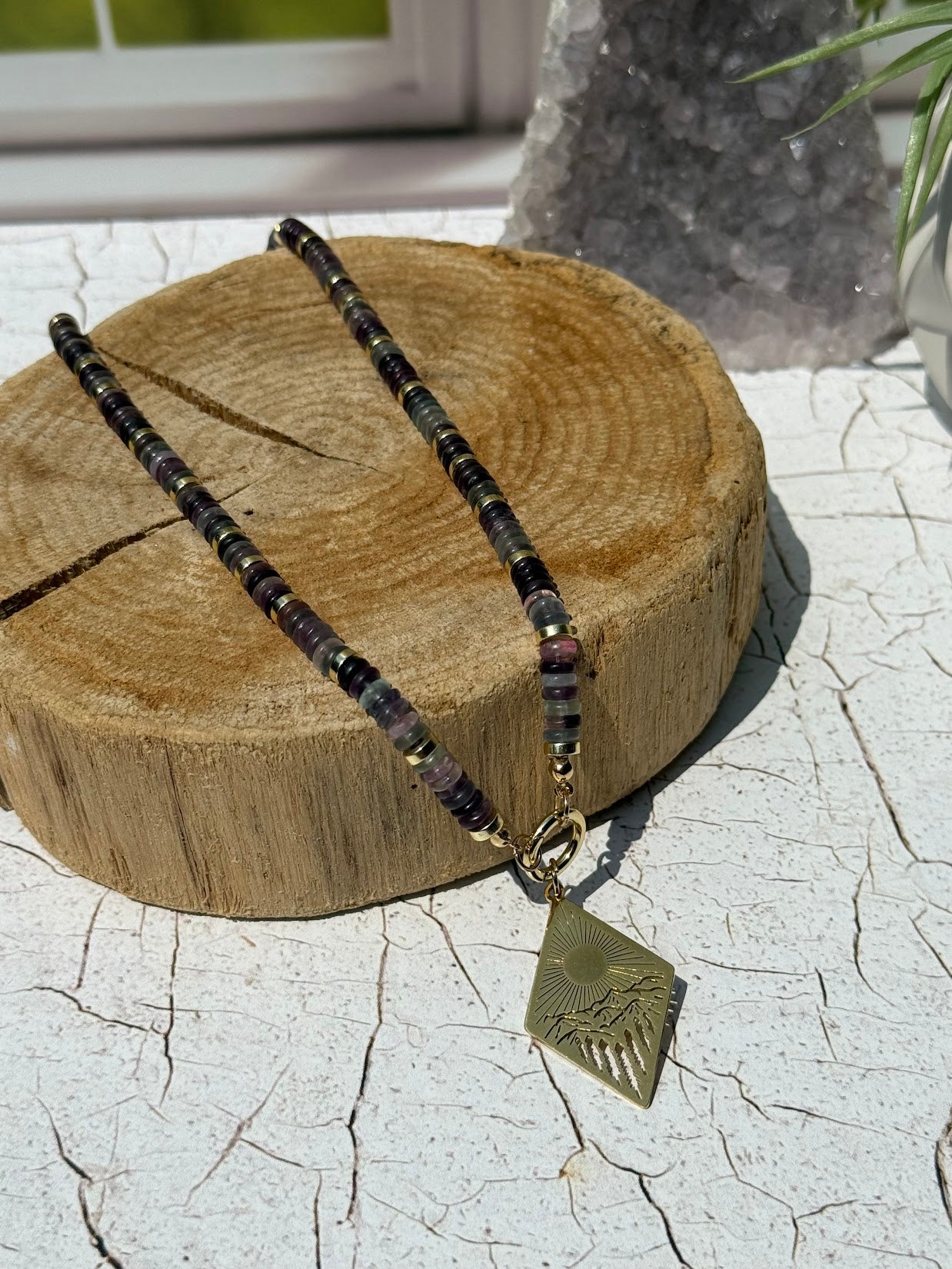 Follow the Light Necklace – Fluorite & Mountain Sunrise Pendant