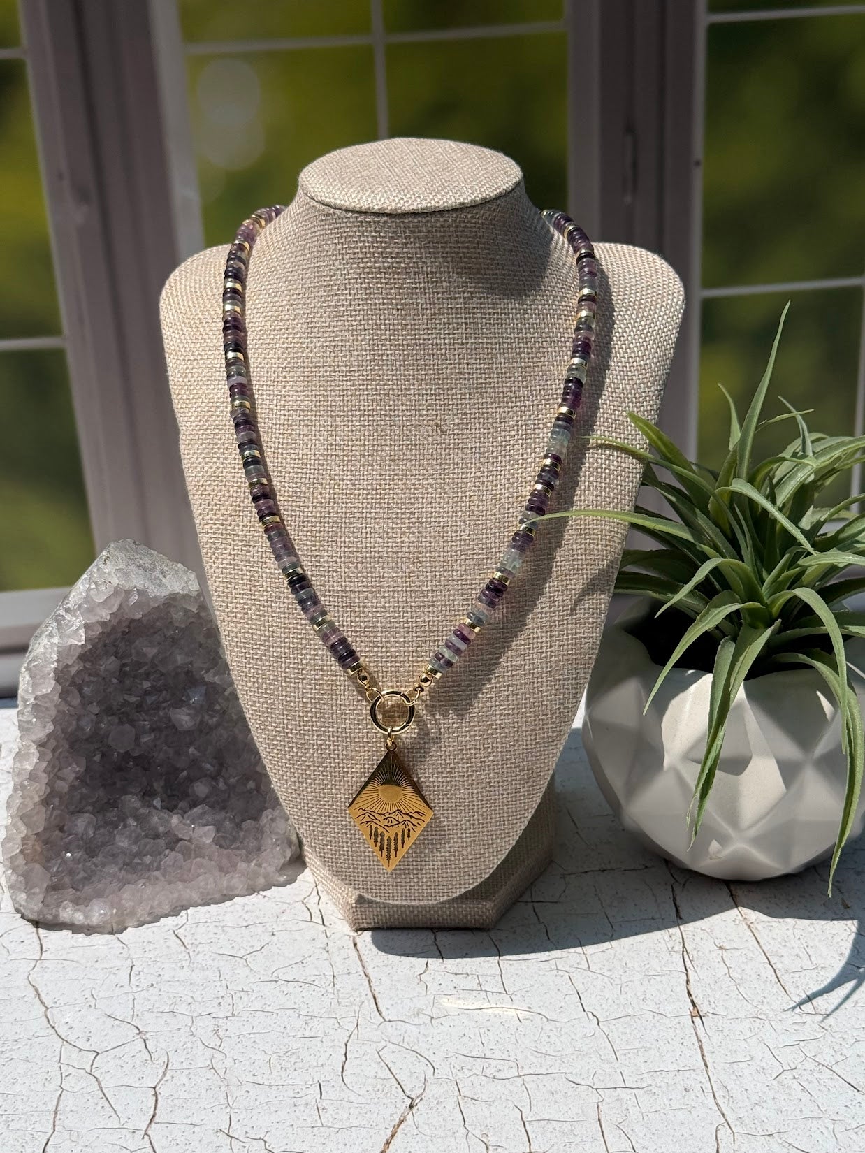 Follow the Light Necklace – Fluorite & Mountain Sunrise Pendant