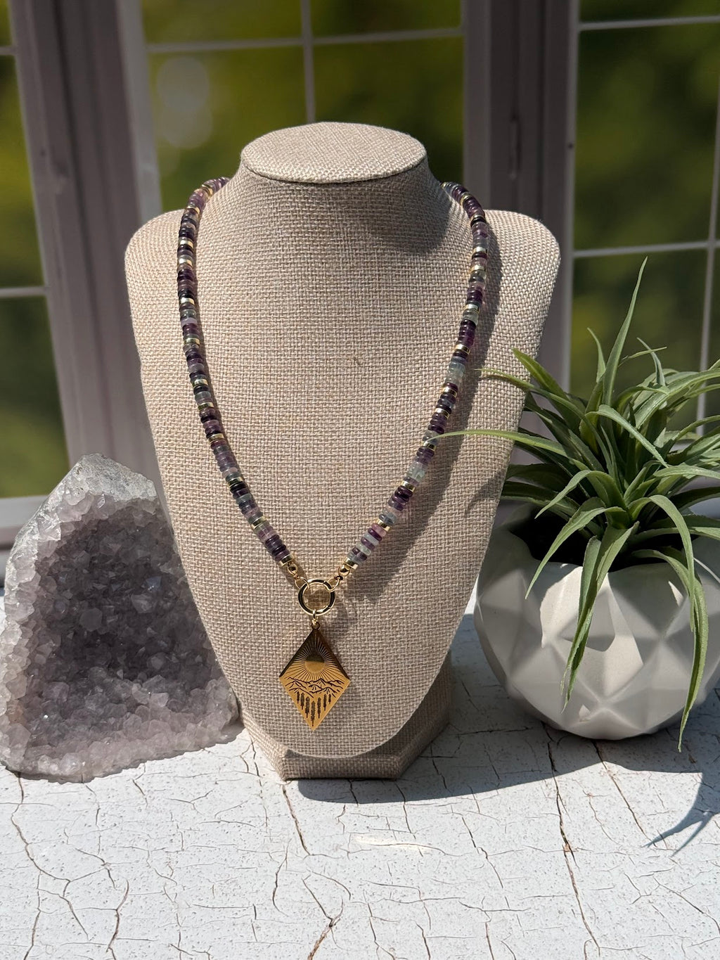 Follow the Light Necklace – Fluorite & Mountain Sunrise Pendant