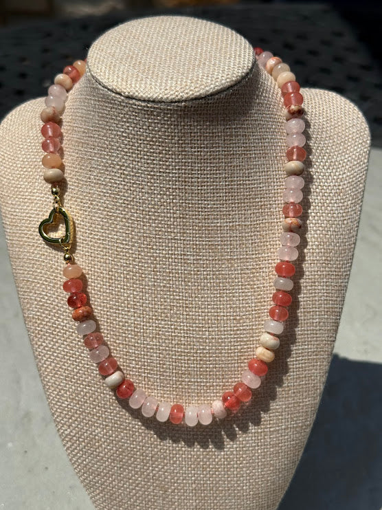 Multi-Stone Heart Necklace — Rhodochrosite, Red Jasper, Pink Aventurine & Jade