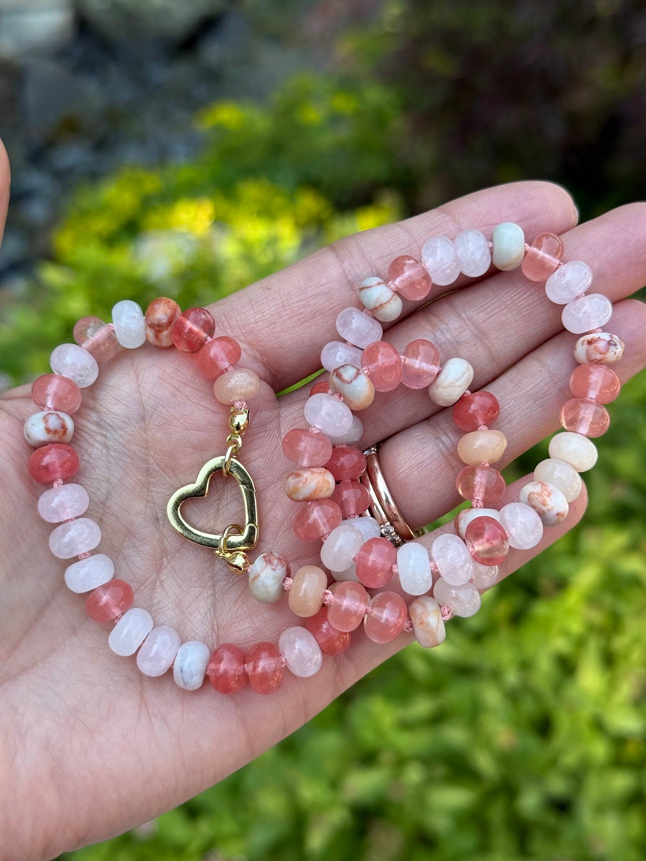 Multi-Stone Heart Necklace — Rhodochrosite, Red Jasper, Pink Aventurine & Jade
