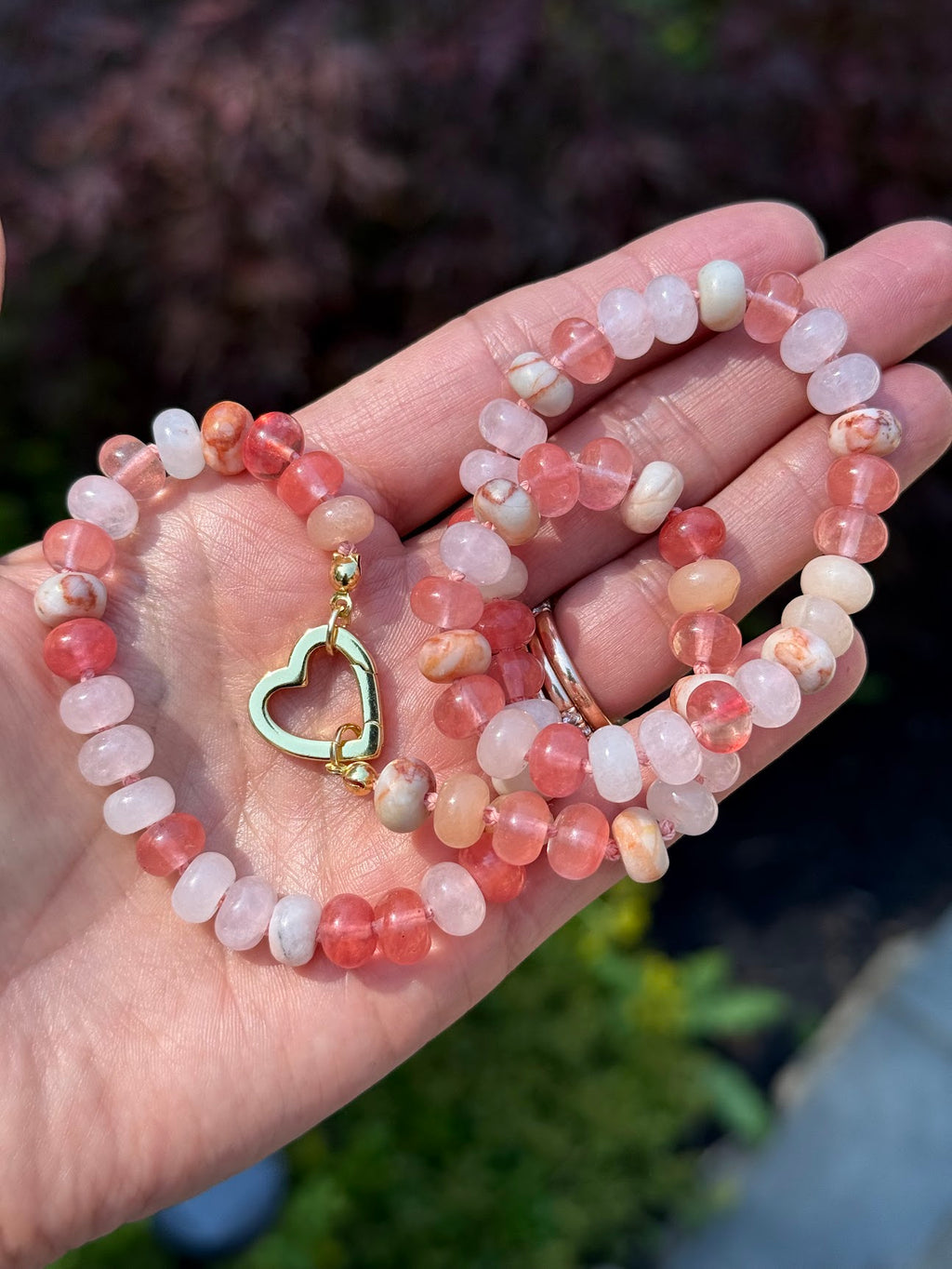Multi-Stone Heart Necklace — Rhodochrosite, Red Jasper, Pink Aventurine & Jade