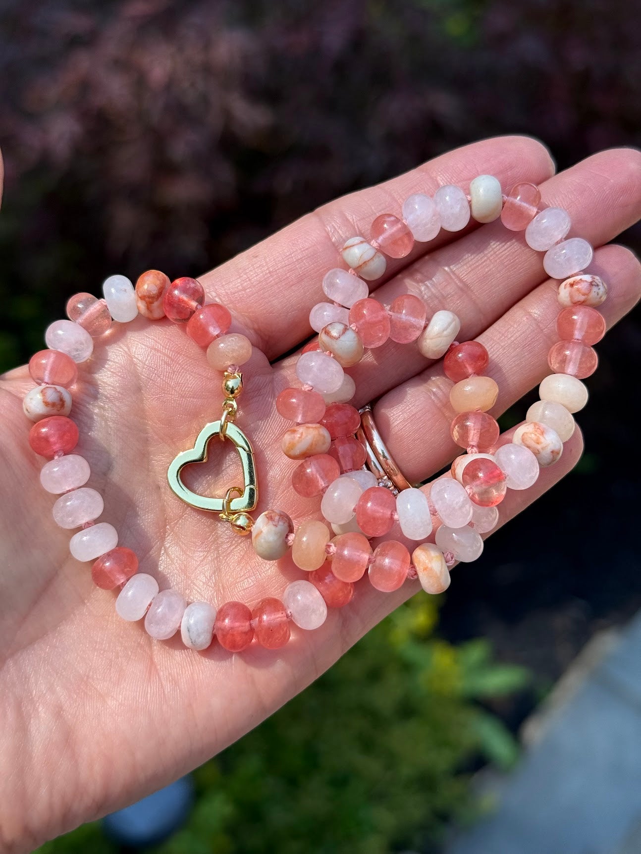 Multi-Stone Heart Necklace — Rhodochrosite, Red Jasper, Pink Aventurine & Jade