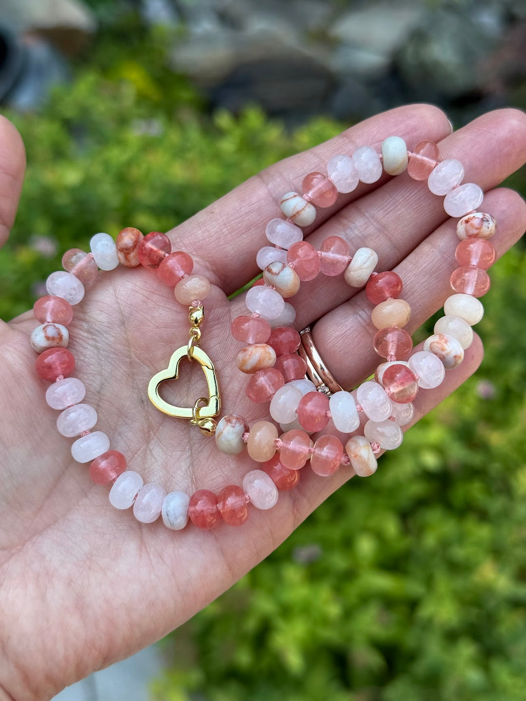 Multi-Stone Heart Necklace — Rhodochrosite, Red Jasper, Pink Aventurine & Jade