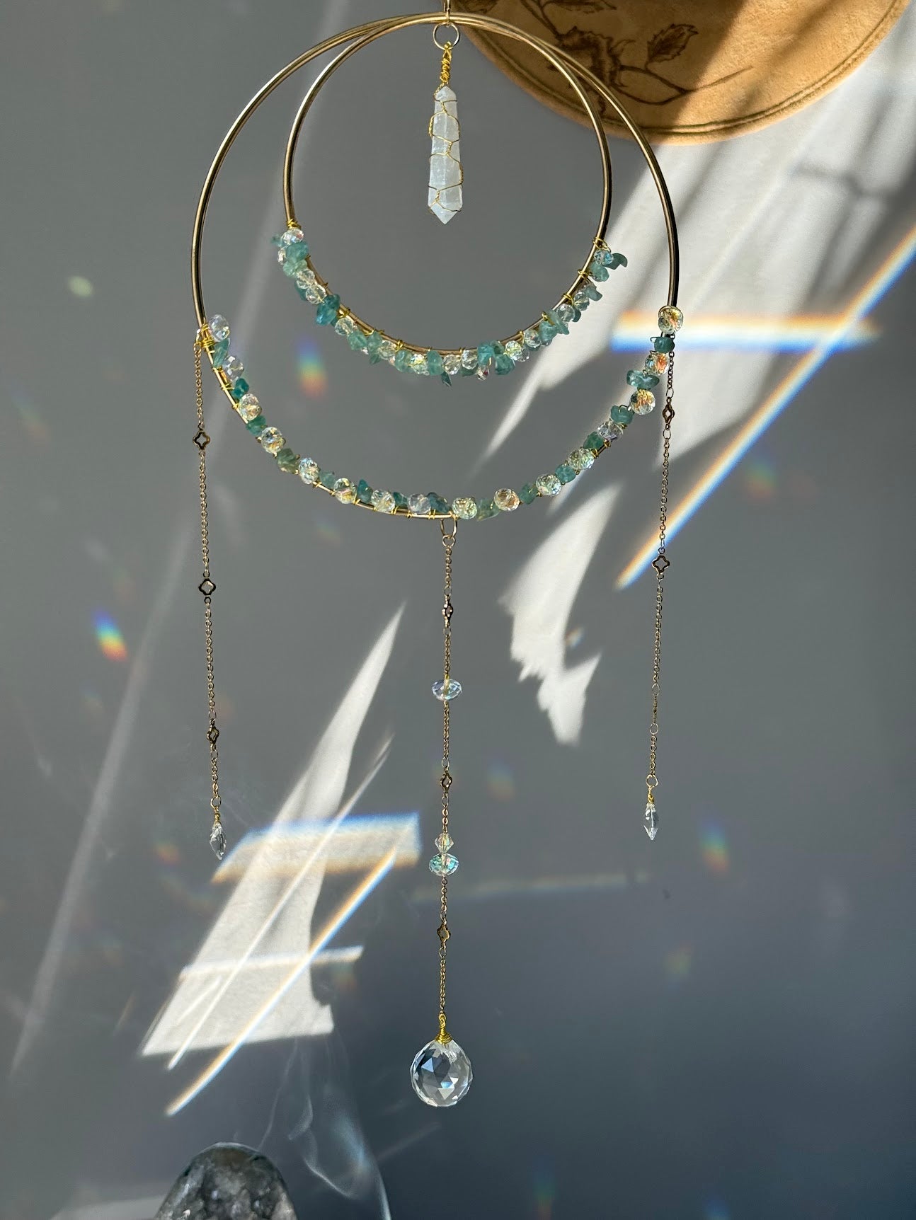 Apatite Crystal Suncatcher with Selenite Pendant