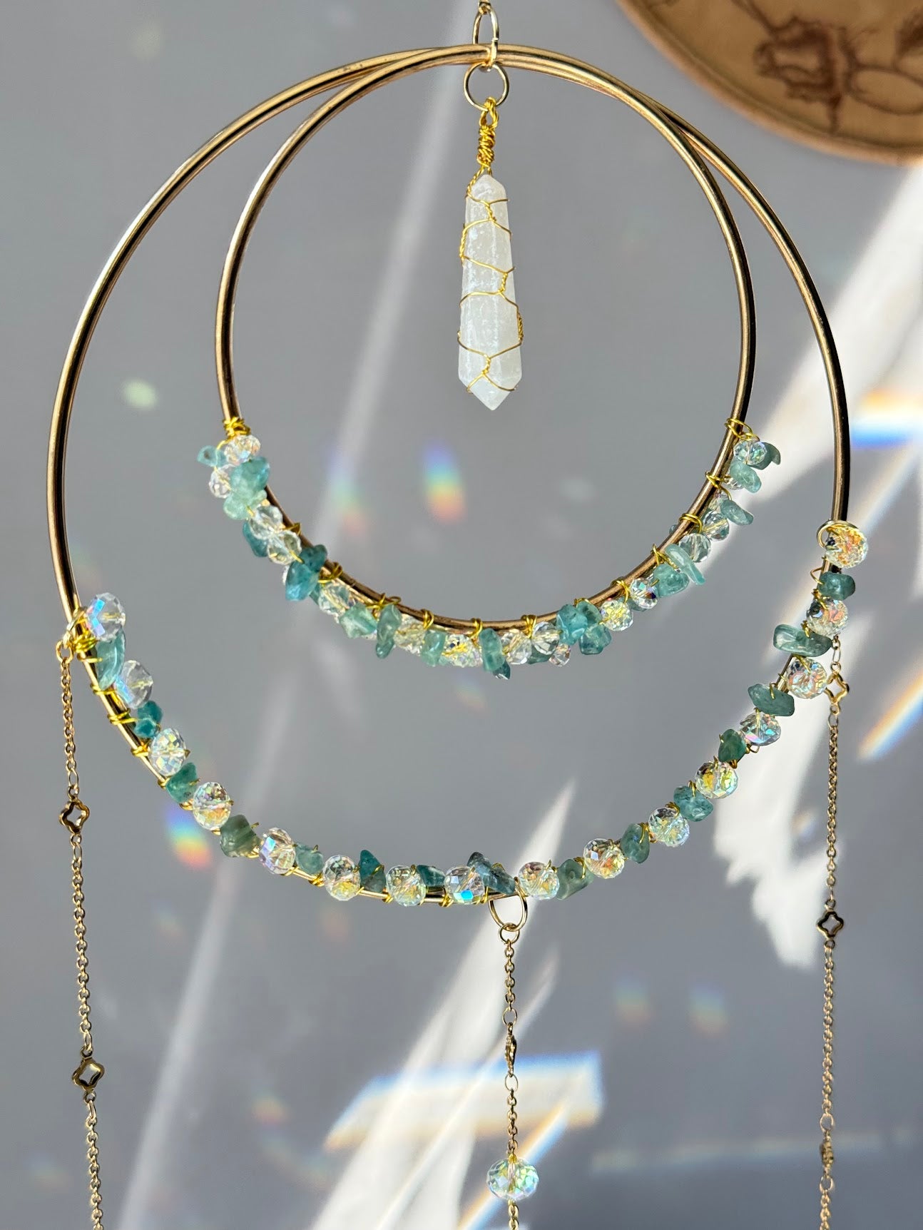 Apatite Crystal Suncatcher with Selenite Pendant