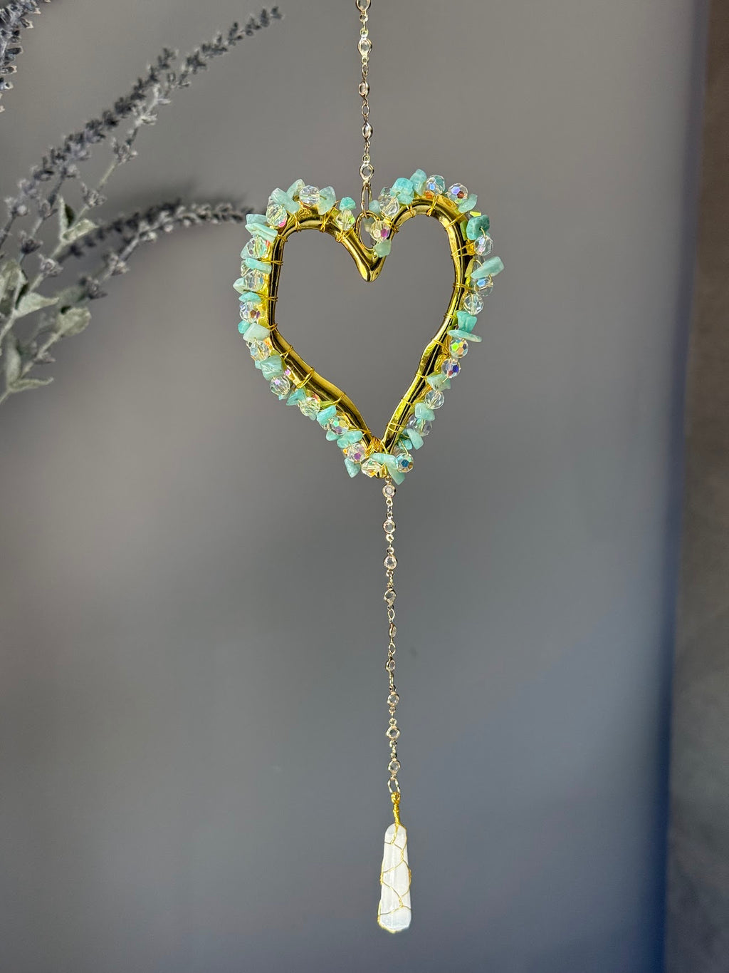 Amazonite & Crystal Heart Sun Catcher with Selenite Pendant