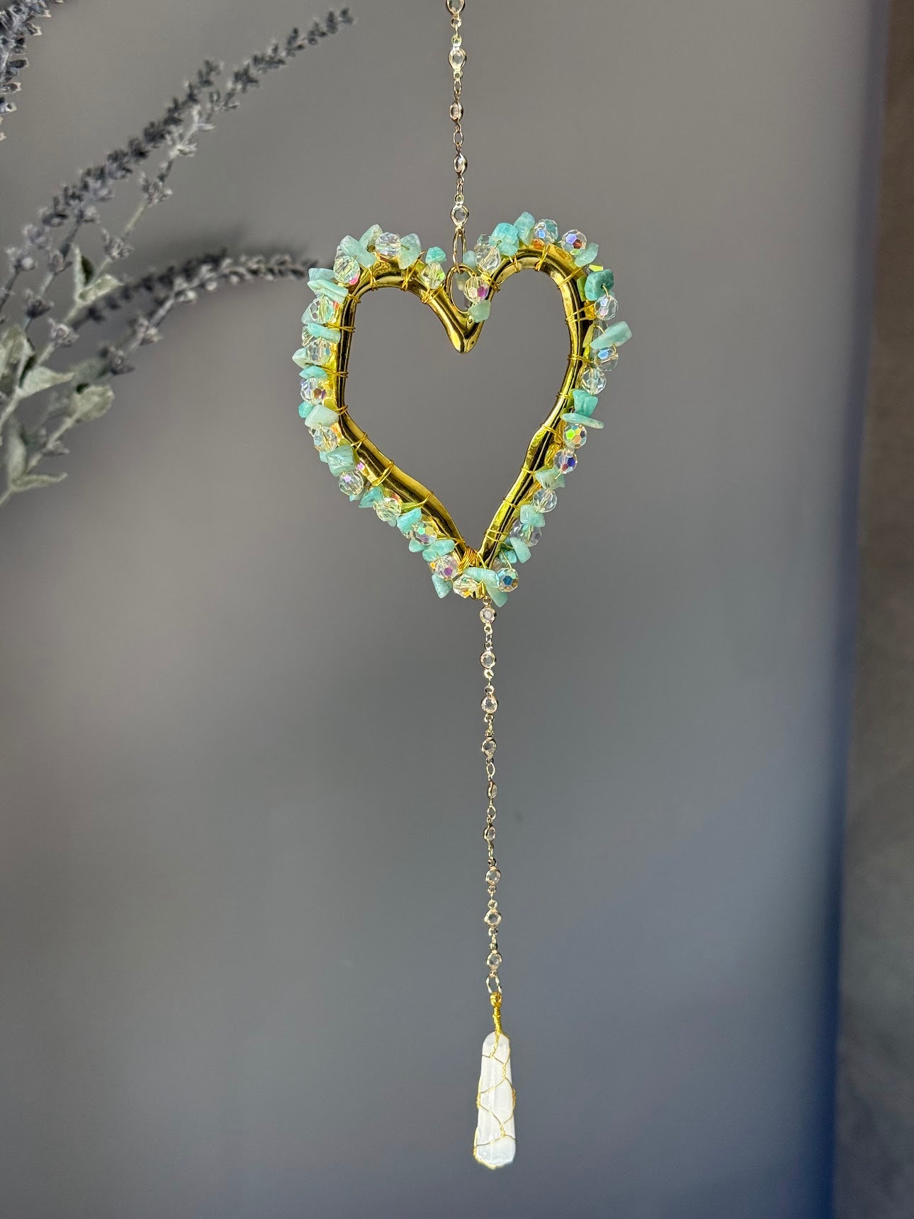 Amazonite & Crystal Heart Sun Catcher with Selenite Pendant