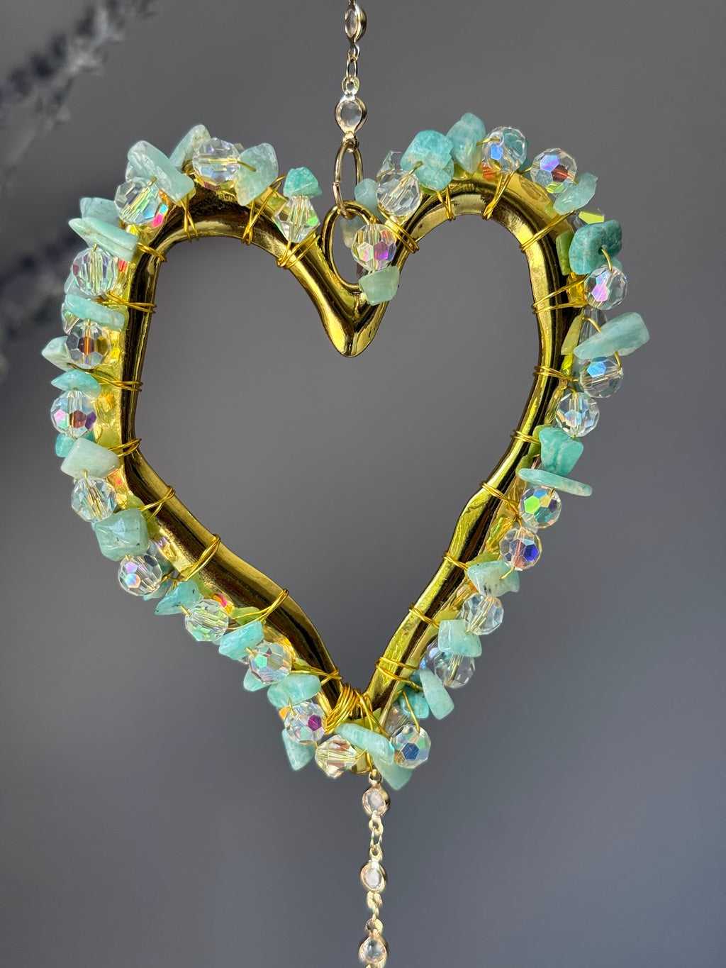 Amazonite & Crystal Heart Sun Catcher with Selenite Pendant