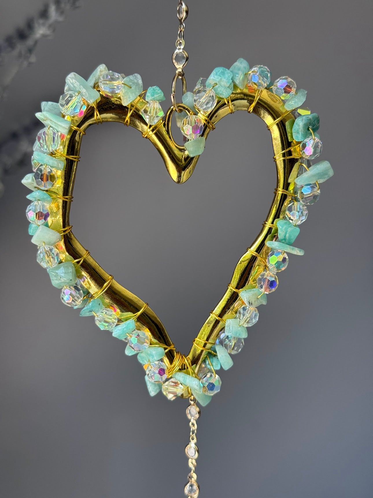 Amazonite & Crystal Heart Sun Catcher with Selenite Pendant