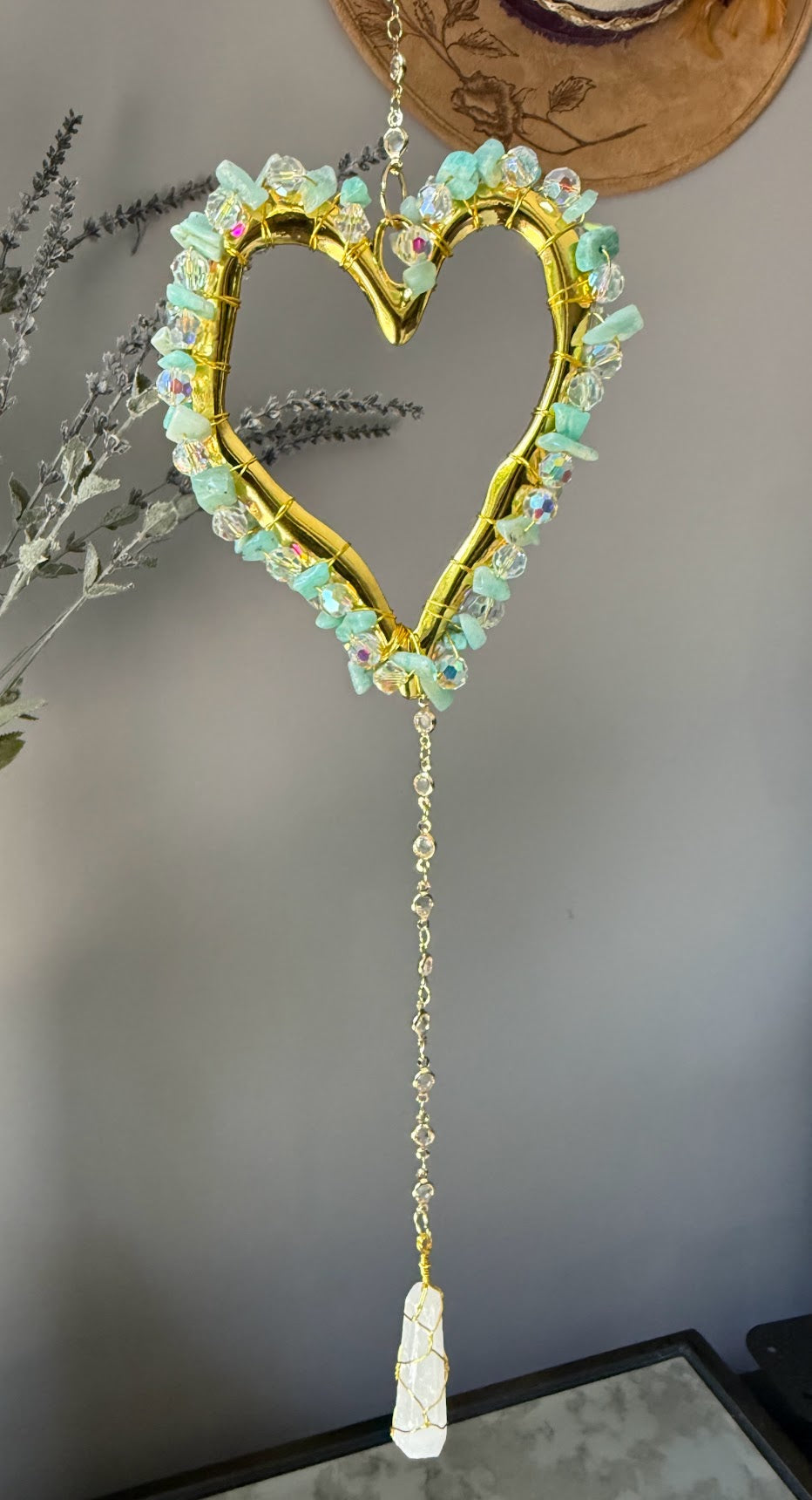Amazonite & Crystal Heart Sun Catcher with Selenite Pendant