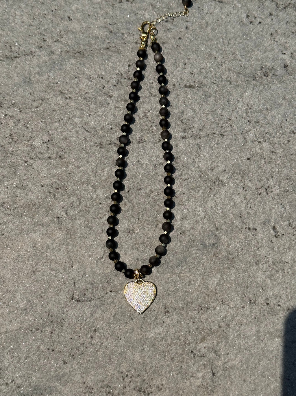 Silver Obsidian & Gold Heart Charm Necklace