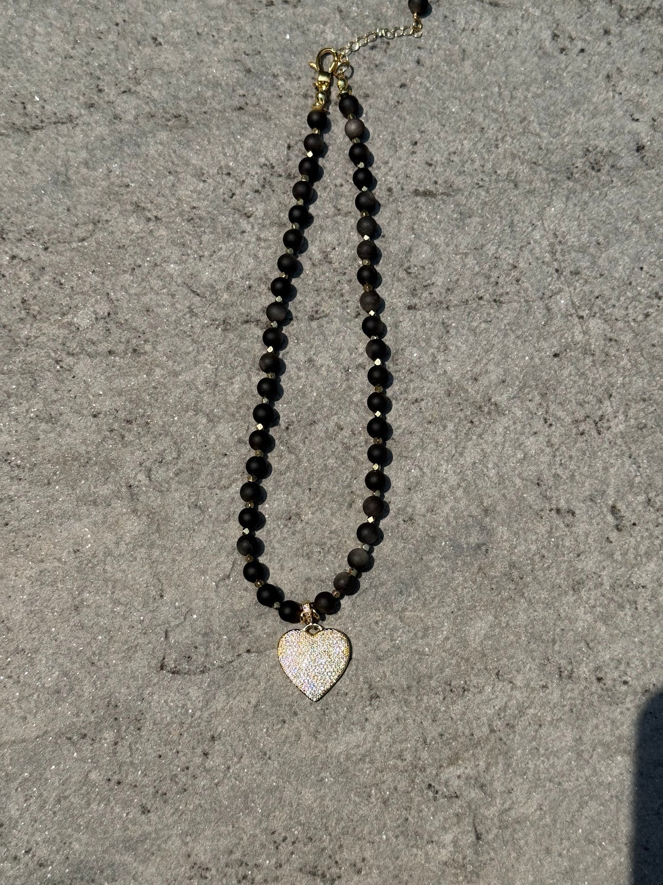 Silver Obsidian & Gold Heart Charm Necklace