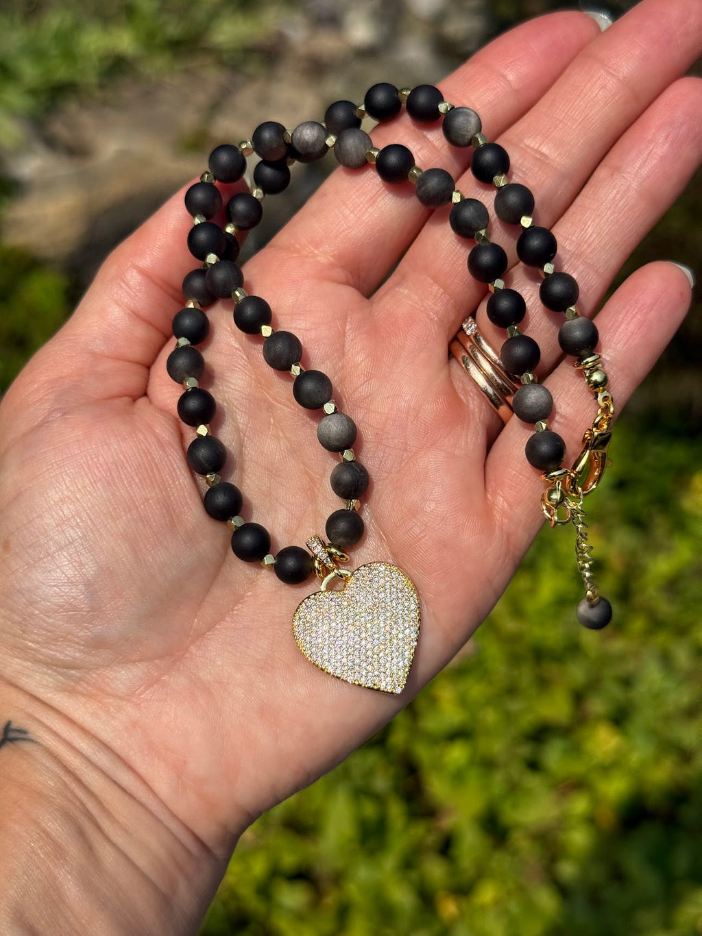 Silver Obsidian & Gold Heart Charm Necklace