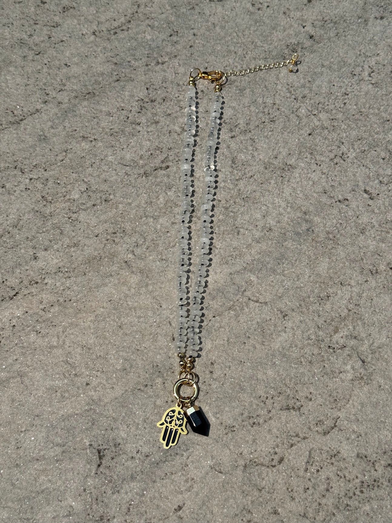 Clear Quartz with Black Obsidian & Hamsa Necklace