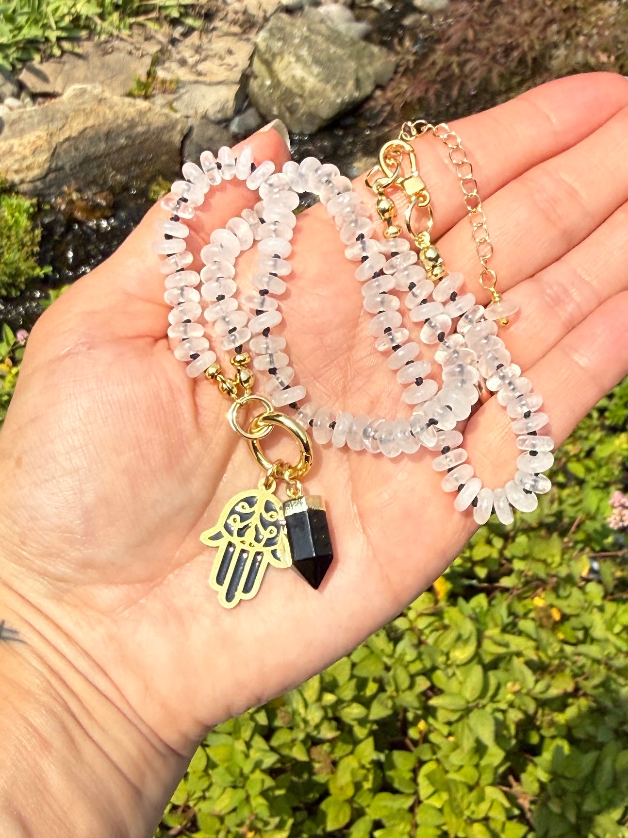 Clear Quartz with Black Obsidian & Hamsa Necklace