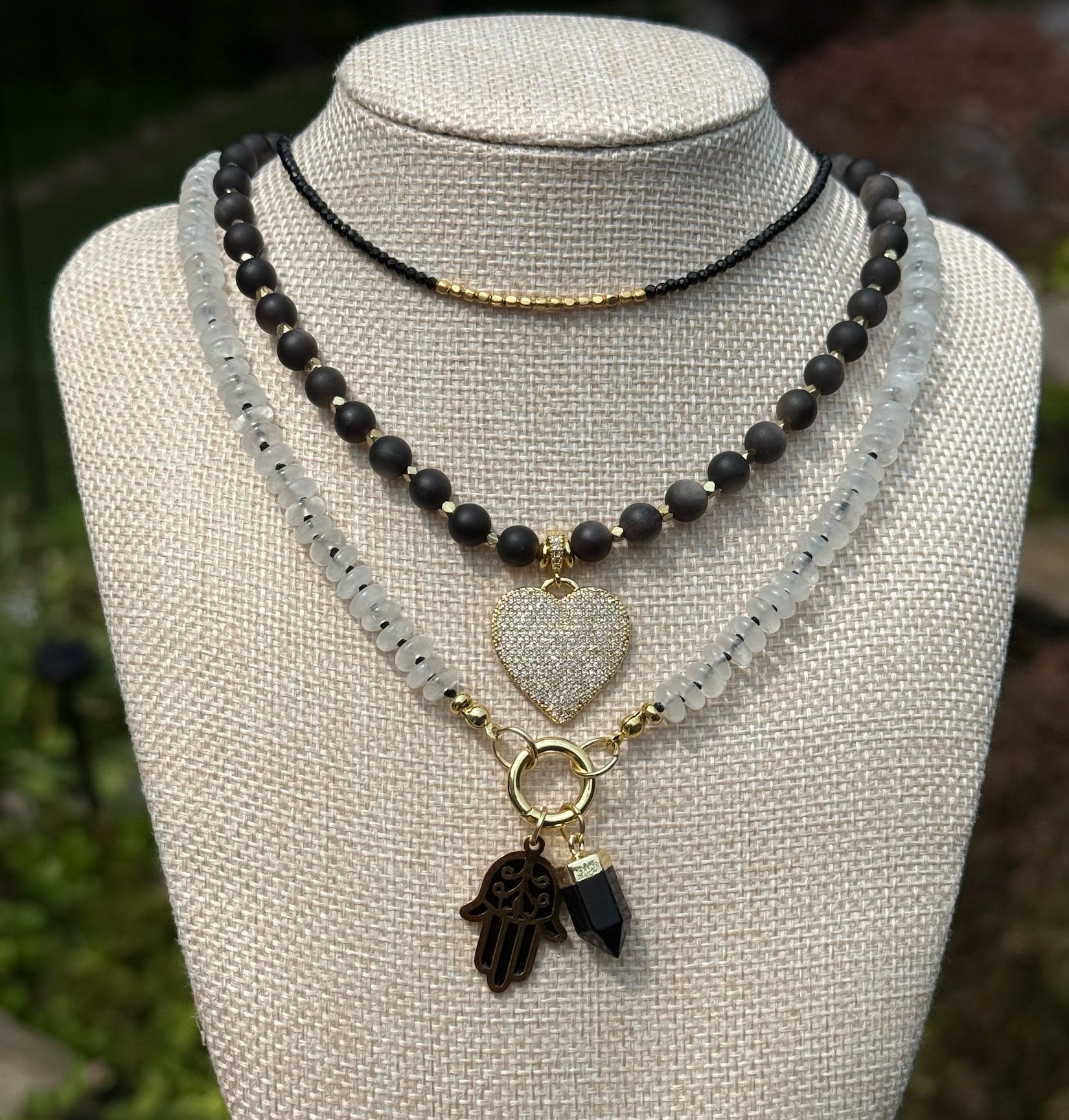 Silver Obsidian & Gold Heart Charm Necklace