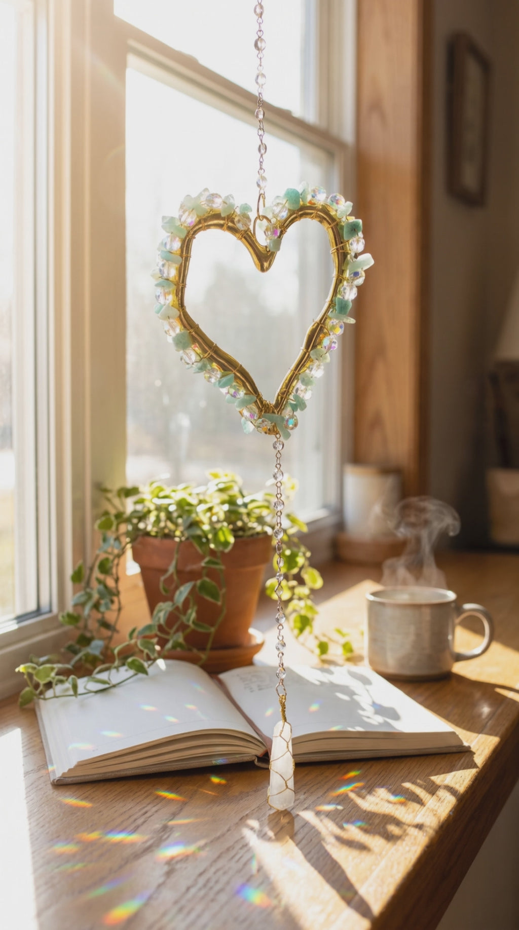 Amazonite & Crystal Heart Sun Catcher with Selenite Pendant