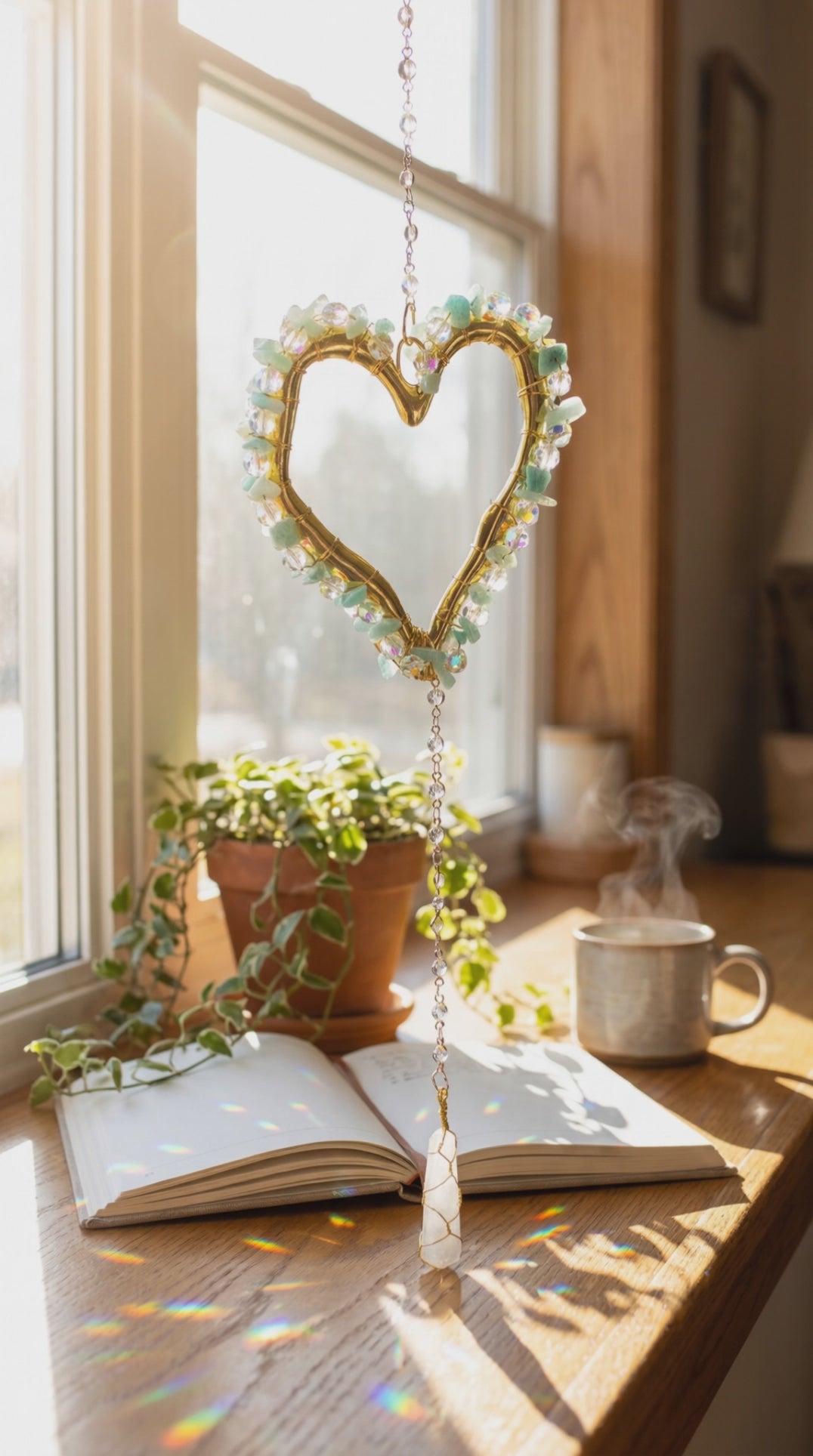 Amazonite & Crystal Heart Sun Catcher with Selenite Pendant